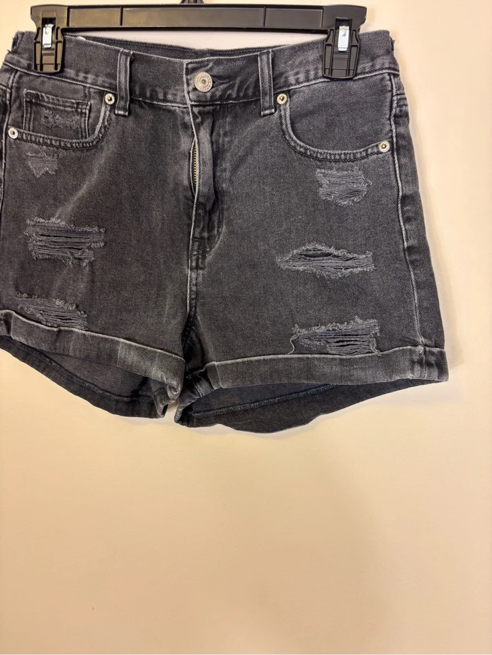 American Eagle High Rise Black Distressed Mom Denim Shorts 4